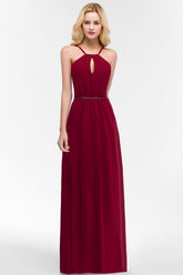 Burgundy Spaghetti Straps Long Bridesmaid Dresses with Beading Sash